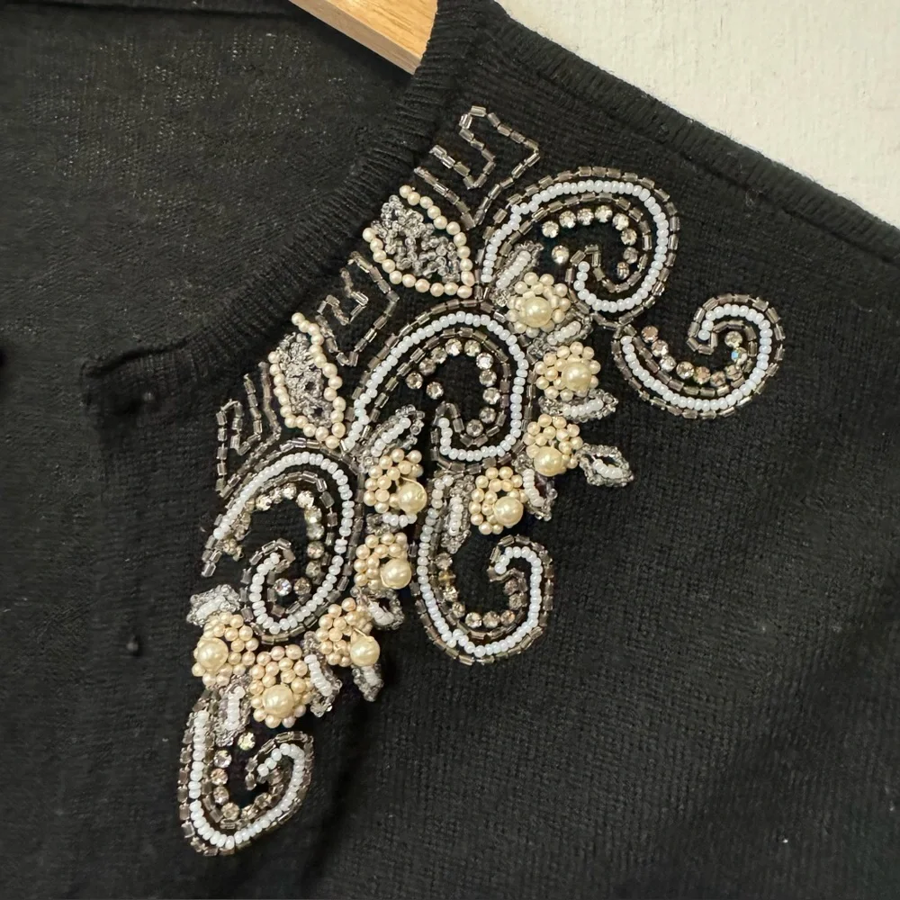 Vintage 50s Hand Beaded‎ Cardigan Sweater Black Wool Couture Womens Small Read